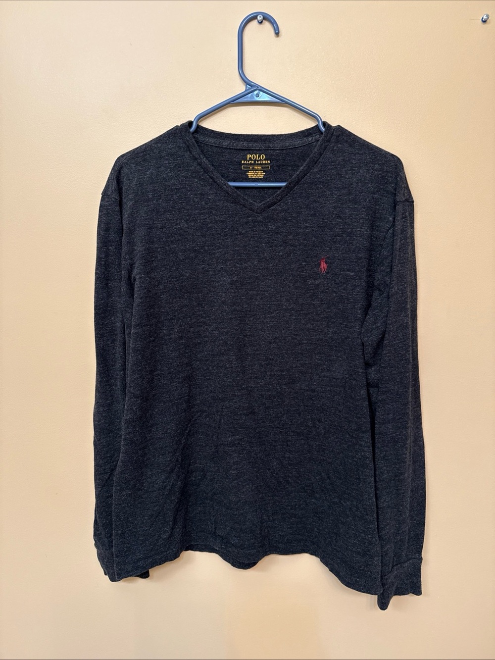 Polo by Ralph Lauren Charcoal V-Neck Long Sleeve Shirt with Red Pony